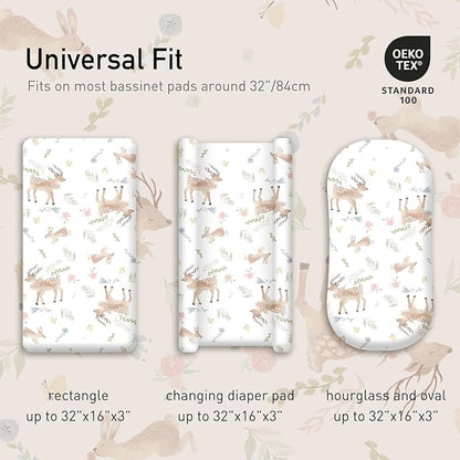 Gllquen Baby Bassinet Sheets 4 Pack, Breathable Cozy Fitted Mattress Sheet, Elastic Travel Crib Fashionable Floral Pattern, Standard Cradle Safe Sheets for Baby Boys Girls 32"x16"(Deer & Rose)