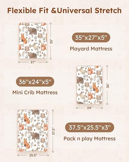 Pack and Play Sheets Fitted 3 Pack, Mini Crib Sheets for Pack N Play Mattress Stretchy Portable Playard Sheets, Soft Breathable Green & Brown Fox