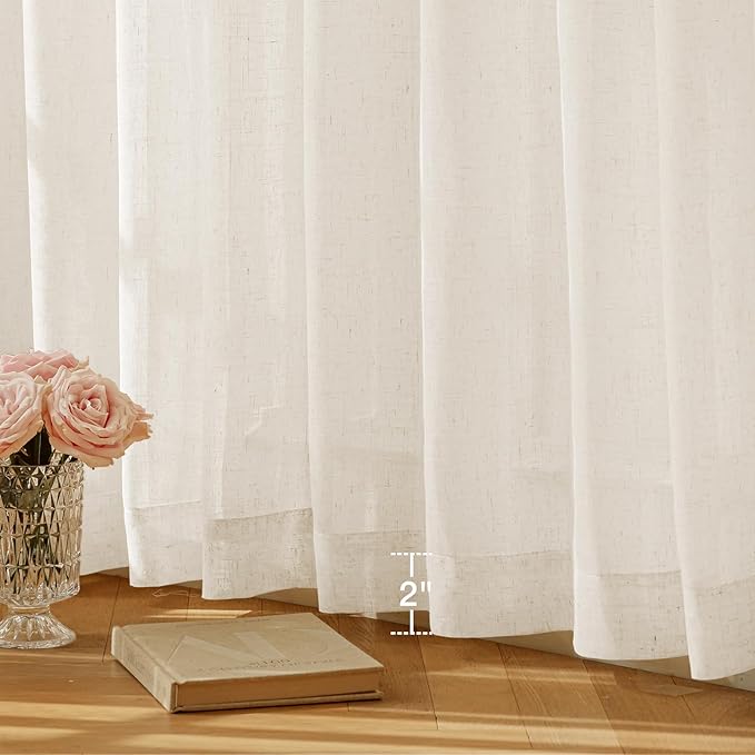 Anmao Natural Linen Curtains for Living Room 80 Inch Length 2 Panels Set, Light Filtering Semi Sheer Window Curtain Drapes for Bedroom with Curtain Rings and Clips, 52Wx80L, Ivory