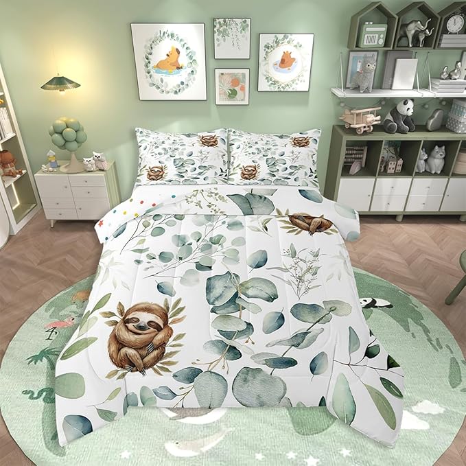Erosebridal Girls Kawaii Animal King Size Comforter Set Cute Sloth Bedding Set, Cartoon Wildlife Down Comforter Green Leaf Bed Set, Spring Garden Plant Quilted Duvet Child Kids Bedroom Decor