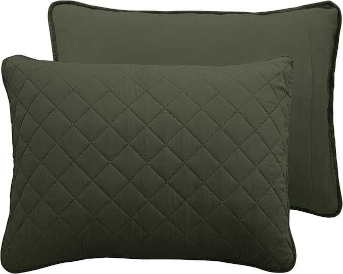 Easy-Going Queen Plus Size Reversible Quilt Set with 1 Quilt and 2 Pillow Shams, Soft Bed Quilt Cover, Water Resistant Lightweight Microfiber Bedspread, Stain Resistant, Army Green/Beige