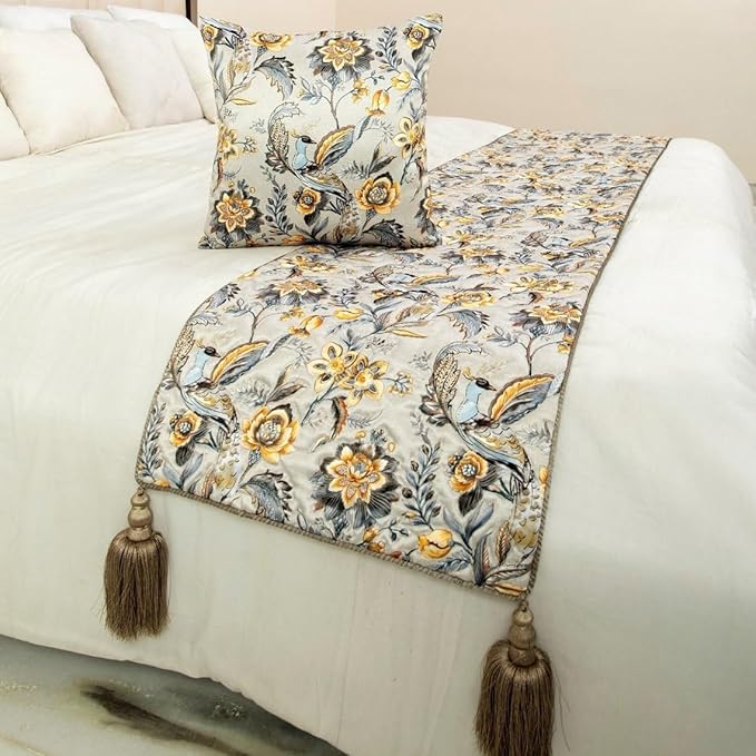 The HomeCentric King/Queen/Twin Grey & Yellow Decorative CA King 86"x18" Bed Runner with 2 Pillow Cover, Peacock, Quilted & Tassels Bed Scarf on Satin Fabric - Peacock Swag