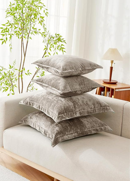 Luxurious Velvet Euro Shams Decorative Throw Pillow Covers 26x26 Set of 2 Solid Square Euro Pillow Shams for Sofa Couch Bedroom, Brown