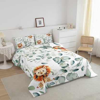 Erosebridal Cute Lion Queen Bedding Sets for Kids Child Green Eucalyptus Comforter Set, Woodland Animal Down Comforter Botanical Plant Leaves Bedding Comforter Sets, Cartoon Wildlife Duvet Insert