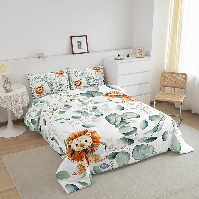 Erosebridal Cute Lion Full Comforter Set for Kids Child Green Eucalyptus Bedding Set Full, Woodland Animal Bedding Comforter Sets Botanical Plant Leaves Duvet Set, Cartoon Wildlife Quilted Comforter