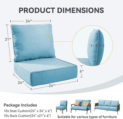 Outdoor Cushion Set for Furniture Patio Furniture, UV Resistant, Water Resistant - 6 Inch Thick Foam Garden Cushions– 24x24 Inch Patio Seat Covers for Chair/Sofa/Couch | Light Blue | 10-Pack |