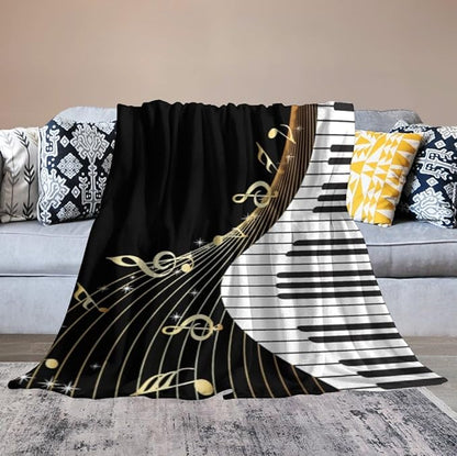 Music Note Blanket Black White Piano Keys Gold Music Note Soft Cozy Lightweight Throw Blanket for Kids Girls Boys Bedroom Living Room Dorm Chair Sofa Travel 40x50in