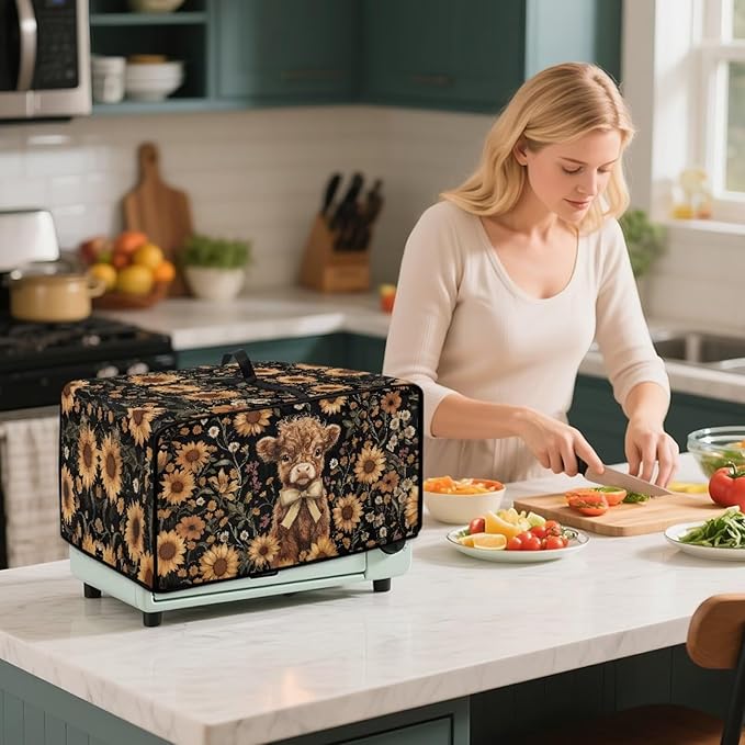 Cute Highland Cattle Print Toaster Oven Cover Heavy Duty Microwave Oven Dust Cover Sunflower Daisy Print Dust-Proof Universal Kitchen Machine Covers Suitable for Most Microwave Ovens, S