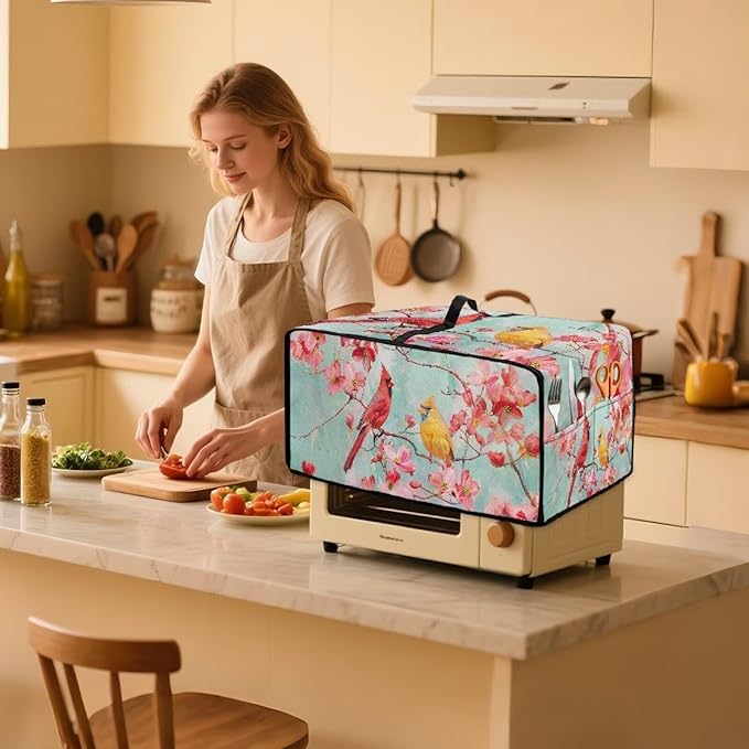 Cardinal Cherry Blossom Print Microwave Oven Cover Waterproof Dust-Proof Microwave Toaster Oven Cover with Storage Bags Universal Washable Decor Accessories for Kitchen, S
