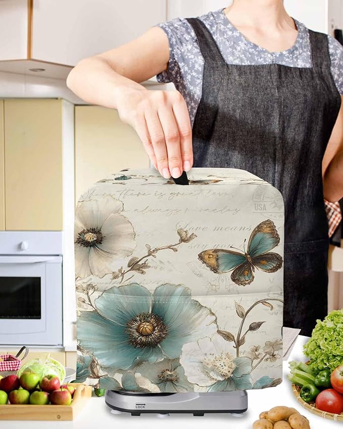 Spring Flowers Stand Mixer Dust Cover with Storage Pocket & Handles, Fits All Tilt Head & Bowl Lift Botanical Butterfly Kitchen Appliance Cover Organizer Vintage Farmhouse Bag Accessories, 6-8 Quart
