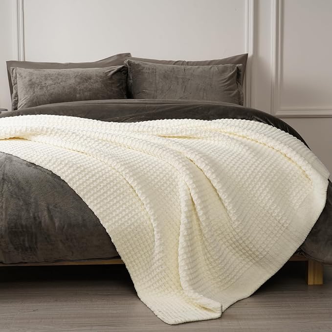 PHF Chenille Waffle Knit Blanket Twin Size- Plush Warm & Cozy 60" x 80" Ultra Soft Blanket- Chunky Fluffy Waffle Bedding for Home Decor - Cream