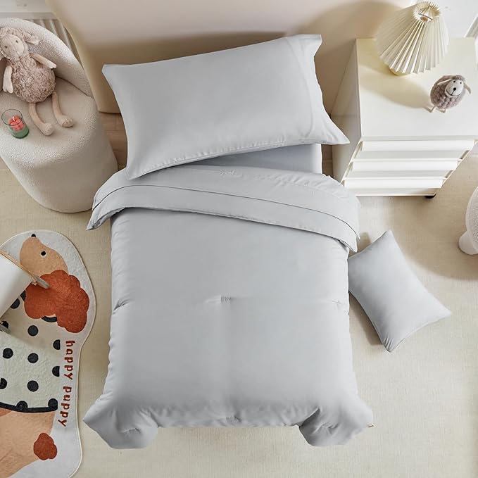 Toddler Bedding Set - 5 Piece Soft and Breathable Toddler Bed Set for Boys and Girls, Includes Quilted Comforter, Fitted Sheet, Flat Top Sheet, Standard Pillowcase and Toddler Pillowcase, Gray