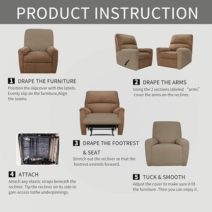 Easy-Going 4 Pieces Oversized Recliner Stretch Sofa Slipcover Sofa Cover Furniture Protector Couch Soft with Elastic Bottom Polyester Spandex Jacquard Fabric Small Checks Natural,X-Large