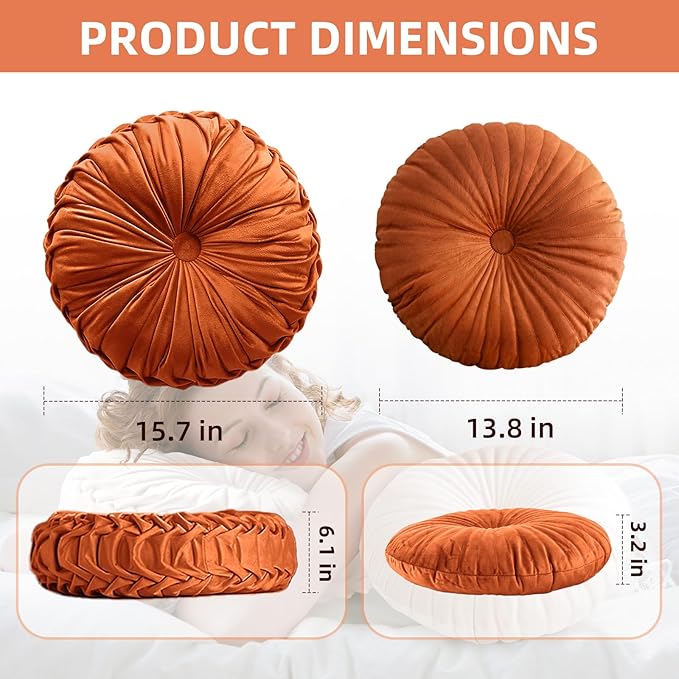 2 Pcs Round Throw Pillows Pleated Velvet Pumpkin Round Pillows Floor Cushion for Living Room Couch Chair Bed Sofa 15.7"x15.7"/13.8" x 13.8" (Emerald)