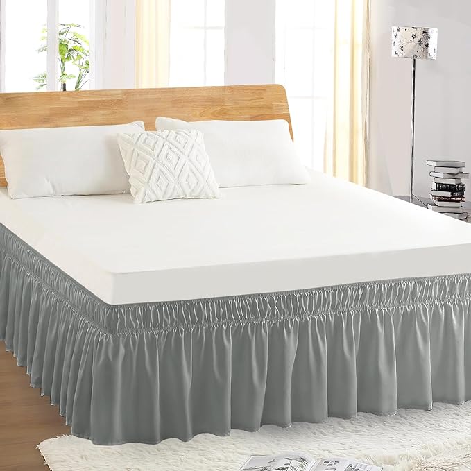 Queen Bed Skirt, Elastic Wrap Around Bed Skirt Queen Size, Bed Skirts for Adjustable Bed, Easy Fit with 14" Drop Length Tailored Drop Dust Ruffle (Grey)