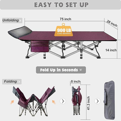 ABORON Camping Cot for Adult 28" Extra Wide, 2PK Heavy-Duty 1200D Oxford Cot for Sleeping, Portable Folding Camp Bed with Mat & Carry Bag