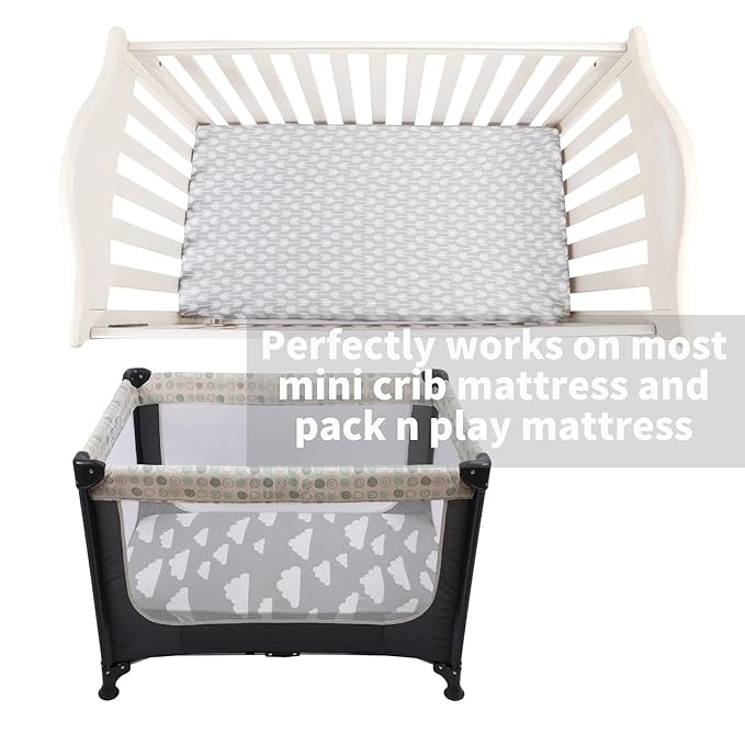 Onacosht Pack n Play Sheets 3 Pack for Baby Unisex, Stretchy Jersey Knitted Portable Mini Crib Sheets Playard Mattress Cover for Baby Boys and Girls, Clouds Stripes and Arrow Printing
