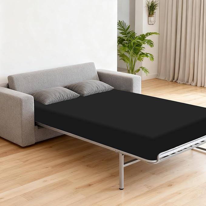 Sleeper Sofa Queen Sheet Fitted Only, Queen Sleeper Sofa Bed Sheets 60" x 74" with Deep Pocket to 8", Cooling Jersey Mattress Bottom Sheets,Shrinkage & Stain Resistant, Wrinkle Free, Black