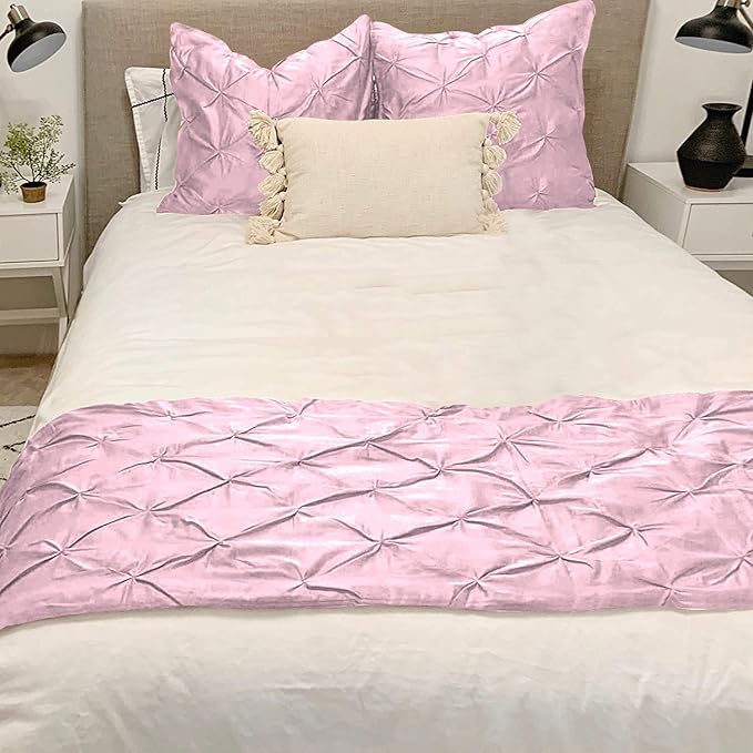 Bed Runner Set - 100% Pure Cotton 800 Thread Count - Luxury 1 Pinch Pleated Bed Runner and 2 Pillow Cover - 3 Piece Pinch Pleated Bed Runner Set Twin, Pink