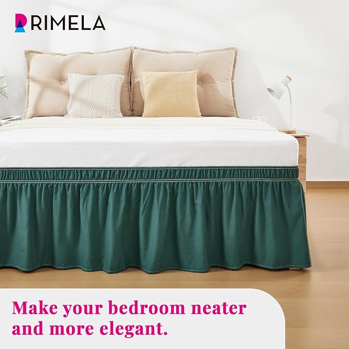 RIMELA Emerald Green Bed Skirt Queen Size 15 Inch Drop, Wrap Around Elastic Bedskirt, Dust Ruffle for Adjustable Bed Base Machine Washable Easy to Install Bed Skirts,Christmas Bedroom Decor