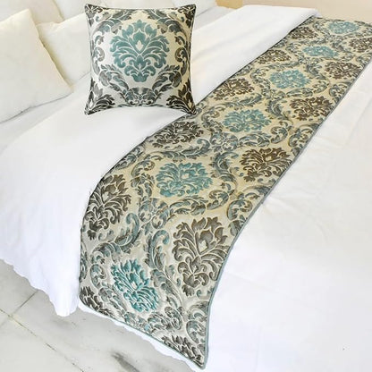 The HomeCentric King/Queen/Twin Blue Decorative King 90"x18" Bed Runner Without Pillow Cover, Damask Bed Scarf on Jacquard Fabric - Royal Elegance
