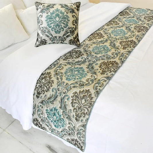 The HomeCentric King/Queen/Twin Blue Decorative King 90"x18" Bed Runner Without Pillow Cover, Damask Bed Scarf on Jacquard Fabric - Royal Elegance