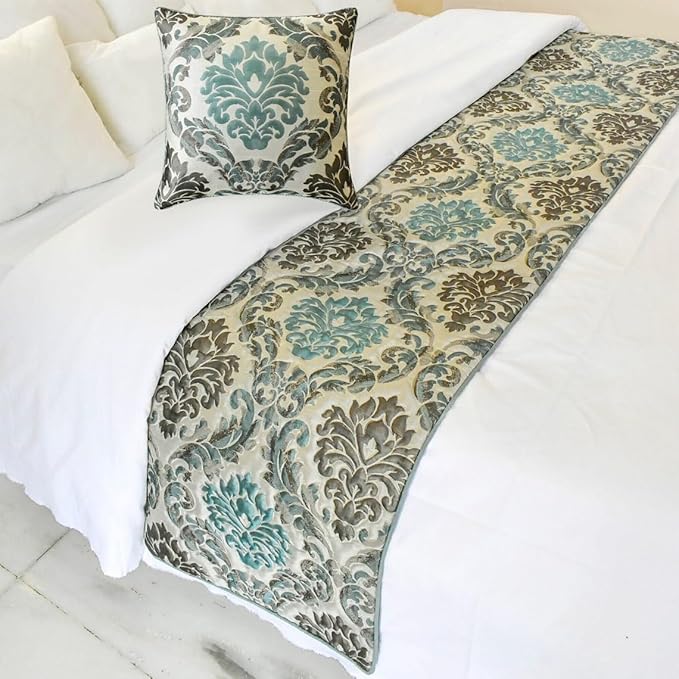 The HomeCentric King/Queen/Twin Blue Decorative Twin 53"x18" Bed Runner Without Pillow Cover, Damask Bed Scarf on Jacquard Fabric - Royal Elegance