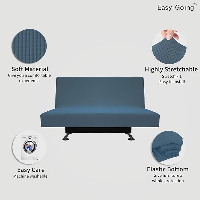 Easy-Going Stretch Futon Sofa Slipcover Armless Sofa Bed Cover Furniture Protector Without Armrests with Elastic Bottom for Kids,Soft Jacquard Fabric Small Checks（Medium Futon,Bluestone