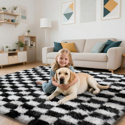 Checkered Rug for Living Room, 6x9 Black and White Area Rugs, Classic Checkered Carpets Shaggy Area Rug, Bedside Rugs for Living Room Bedroom Kids Room Home Decor