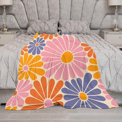 1970s Hippie Floral Throw Blanket, Retro Orange Pink Blue Flower Boho Groovy Daisy Flowers Comfortable Blanket for Couch Sofa Couch Chair 50"x60"