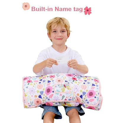 Viviland Toddler Nap Mat, Rolled Sleeping Mats with Pillow and Minky Dot Blanket for Girls, Kids Slumber Bag Nap Mat for Preschool, Daycare, Kindergarten, Travel Camping - Butterfly Garden
