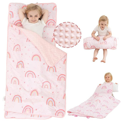 Viviland Toddler Nap Mat with Pillow and Minky Dot Blanket, Large Thick Rolled Sleeping/Slumber Bags, Kids Girls Sleeping Mat for Preschool, Daycare, Kindergarten, Travel Camping- Pink Rainbow