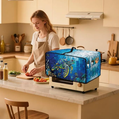Glass Painting Sea Turtle Print Microwave Oven Cover Dustproof Toaster Oven Cover Large Size Foldable Kitchen Appliance Protector with Storage Bag Machine Washable, L