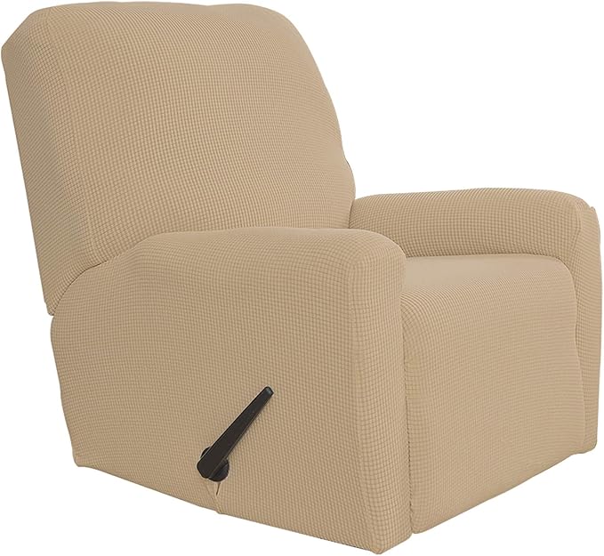 Easy-Going Recliner Stretch Sofa Slipcover Sofa Cover 4-Pieces Furniture Protector Couch Soft with Elastic Bottom,Polyester Spandex Jacquard Fabric Small Checks(Recliner,Sand)