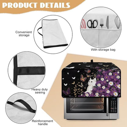 Toaster Oven Cover with Side Pockets, Dustproof Smart Microwave Convection Oven Cover with Handle, for Kitchen Decor, M, 16.5" x 20.5" x 10", White Cat Violet Daisy Butterfly Black