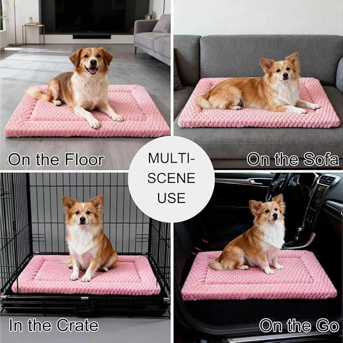 Dog Bed Mat, Reversible Dog Crate Pad - Washable Kennel Mat with Soft Support Foam, Flat Kennel Pad for Dogs & Cats, Double Pet Bed Perfect for Cage (Pink, 30" L x 20" W x 0.8" Th)