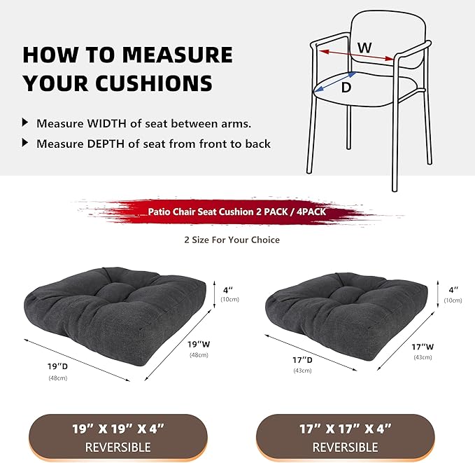 RACE LEAF 17" x 17" Patio Chair Cushions Gray - Outdoor/Indoor Tufted Memory Foam Chair Pads Set of 2, Water-Resistant Olefin Chair Seat Cushion Non-Slip Backing