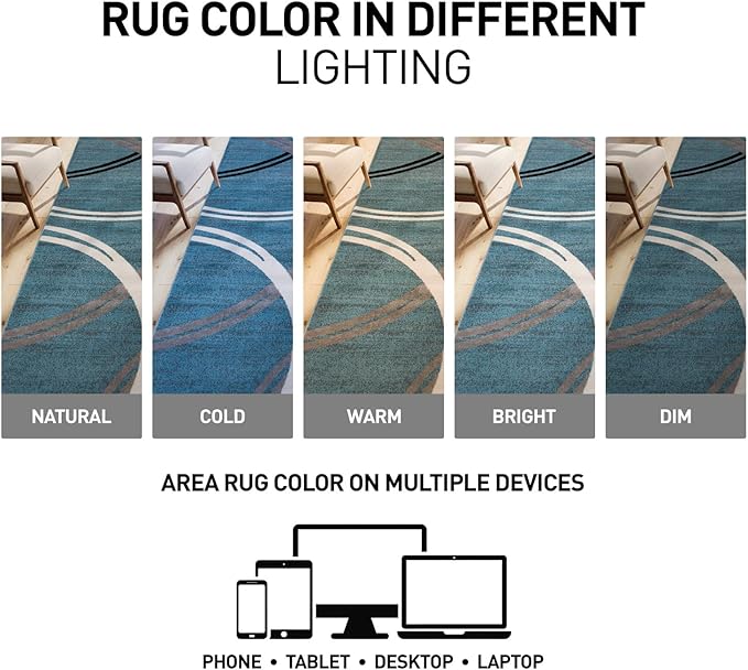 Rugshop Modern Wavy Circles Design Round Rug, Carpet with Jute Backing for Living Room, Dining Room, or Bedroom, Blue, 8' Round