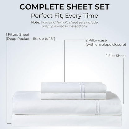 100% Natural Cotton Sheets Queen Size Bed Set | 500 TC Single-Ply Sateen Weave | Soft, Breathable, Hypoallergenic Solid 4-Piece Bedding with Deep Pocket Fitted, Flat, Pillowcase | White