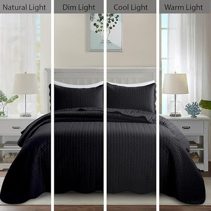 IR Imperial Rooms Twin Quilt Bedding Set Size (68” x 86”) + 1 Pillow Shams (20” x 26” + 2”) - 2 Pcs All Season Lightweight Reversible Microfiber Coverlet Embossed Quilt Bedspread (Black)