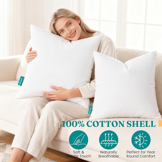 Oubonun 22x22 Feather Down Alternative Throw Pillow Inserts, 100% Cotton Cover, Medium Firm Decorative Pillow Inserts for Couch, Sofa, Bed, Chair (Set of 2)