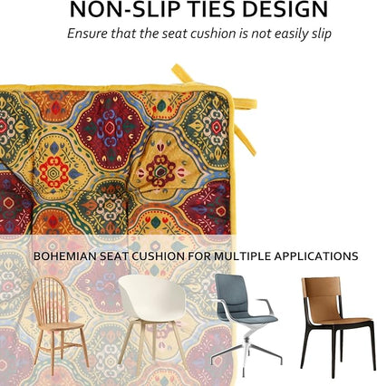 Bohemian Square Seat Cushions for Kitchen Dining Living Tea Room,16.5" x 16.5" Printing Chair Pads with Non-Slip Ties, 4Packs, Yellow