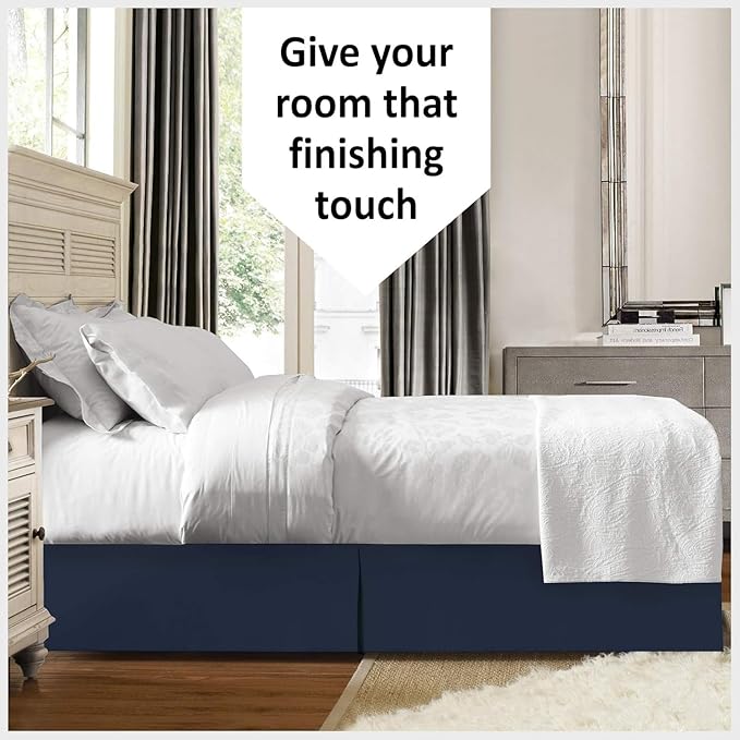 Bed Skirt - 100% Cotton 800 Thread Count Box Pleated Bed Skirt - Luxury Pleated Dust Ruffle, Hotel Quality Modern Bed Skirt, Easy Fit with 12 Inch Tailored Drop, Twin XL, Navy Blue