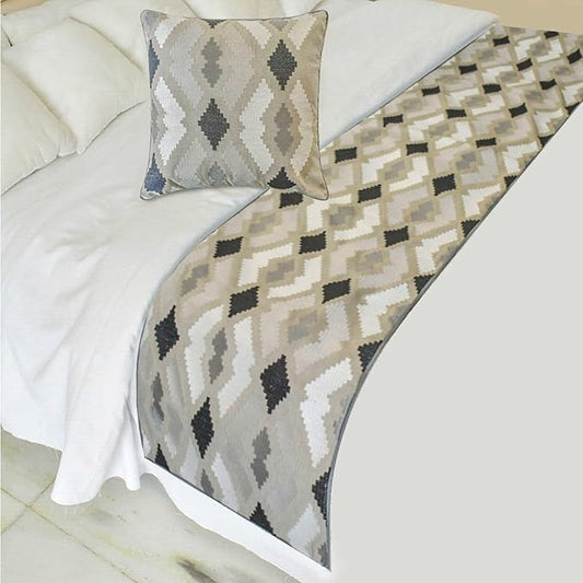 The HomeCentric King/Queen/Twin Beige Decorative Bed Runner Queen 74"x18" Bed Runner with One Pillow Cover, Embroidery,Aztec Bed Scarf on Linen Fabric - Thread Tale