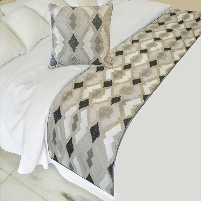 The HomeCentric King/Queen/Twin Beige Decorative Bed Runner King 90"x18" Bed Runner with Two Pillow Cover, Embroidery,Aztec Bed Scarf on Linen Fabric - Thread Tale