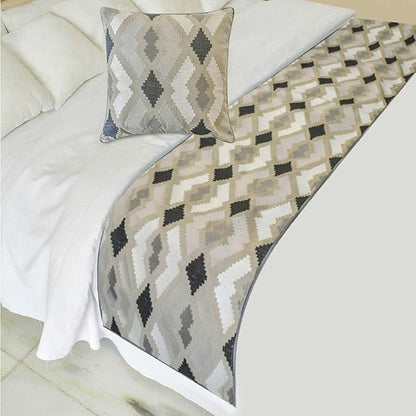 The HomeCentric King/Queen/Twin Beige Decorative Bed Runner Twin 53"x18" Bed Runner with Two Pillow Cover, Embroidery,Aztec Bed Scarf on Linen Fabric - Thread Tale