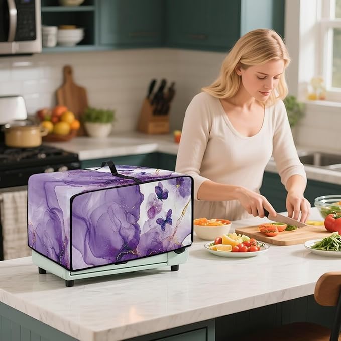 Countertop Microwave Oven Cover with Side Pockets, Dust Protection Small Appliance Toaster Ovens Dust Cover, S, 14.5 x 18.5 x 9 Inches, Violet White Marble Butterfly