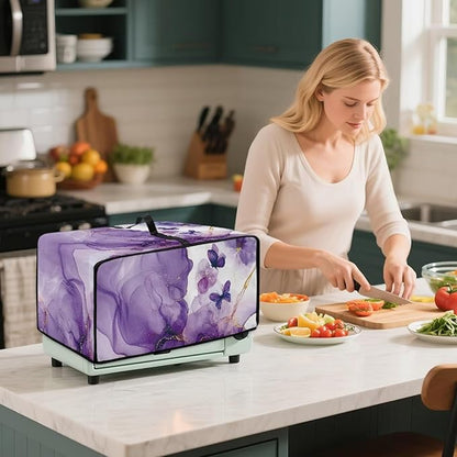 Countertop Microwave Oven Cover with Side Pockets, Dust Protection Small Appliance Toaster Ovens Dust Cover, M, 16.5 x 20.5 x 10 Inches, Violet White Marble Butterfly
