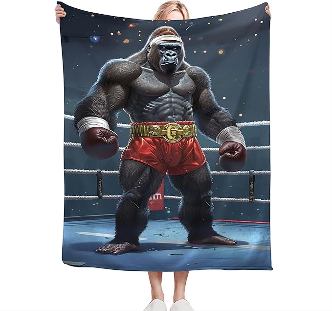 Gorilla Boxing Throw Blanket, 60"x50", Black, Microfiber, Heavyweight, Water Resistant, Perfect for Couch, Bed, Camping, Reading, Napping