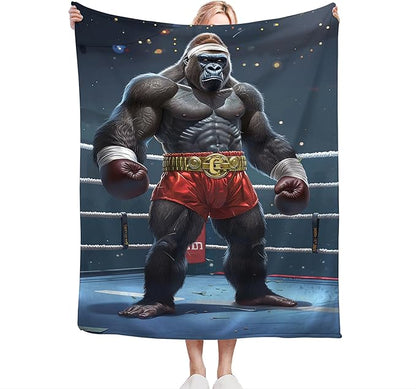 Gorilla Boxing Throw Blanket, 60"x50", Black, Microfiber, Heavyweight, Water Resistant, Perfect for Couch, Bed, Camping, Reading, Napping